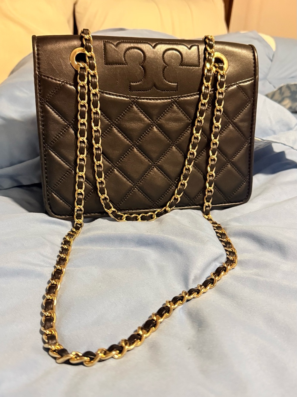 Tory Burch Black Quilted Leather Shoulder Bag with Gold Chain